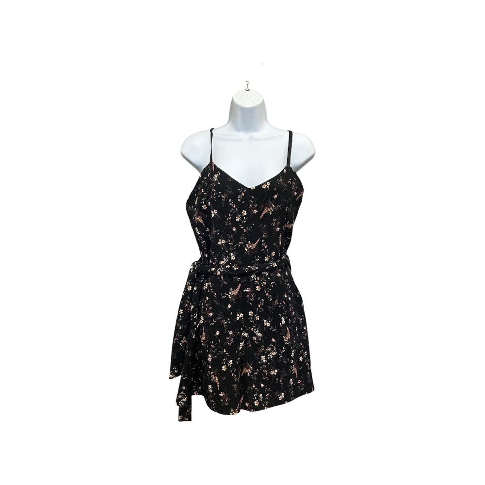 Eclipse Black Floral Romper - Strappy and Tie Waist - Size L